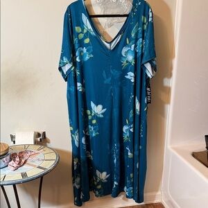 Roaman's Teal Floral V‑Neck Maxi Dress